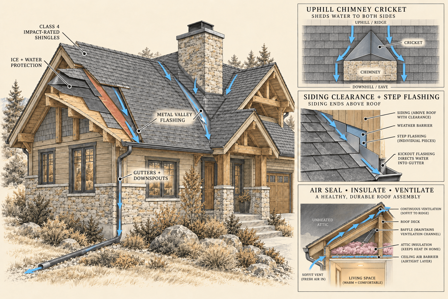 Cutaway illustration of a home's roof and exterior showing Class 4 impact-rated shingles, ice and water protection, gutters and downspouts, an uphill chimney cricket, metal valley and step flashing with kickout details, and a balanced attic ventilation assembly.