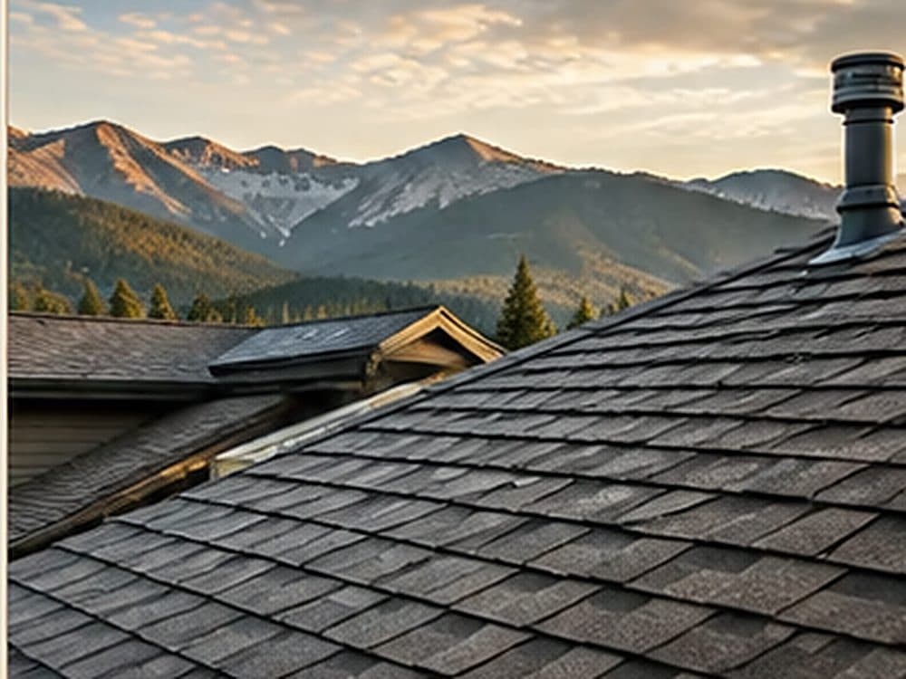 A shingle roof with a Colorado mountain range behind it at dusk.