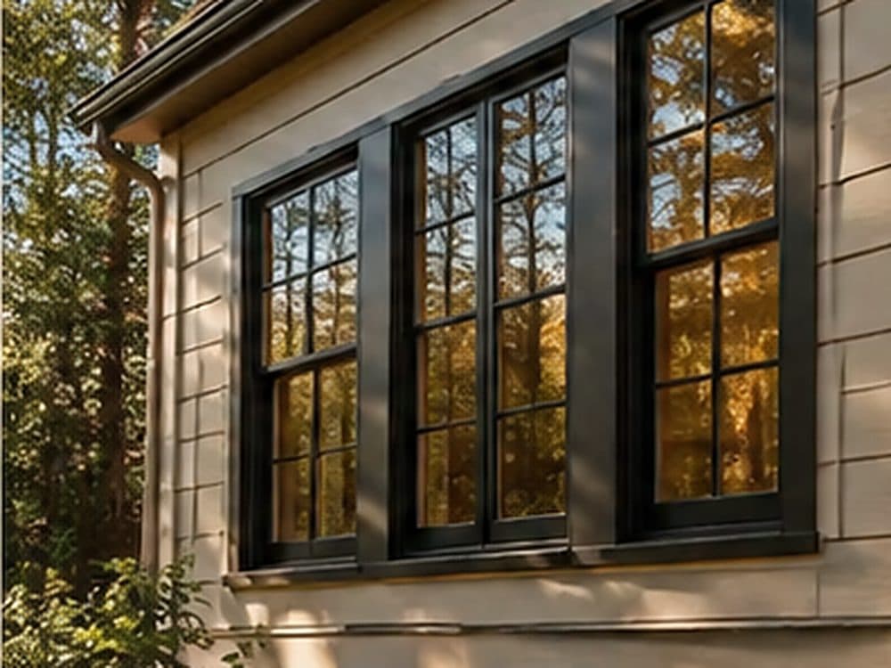 Black-framed exterior windows on a craftsman home, autumn trees reflected in the glass.