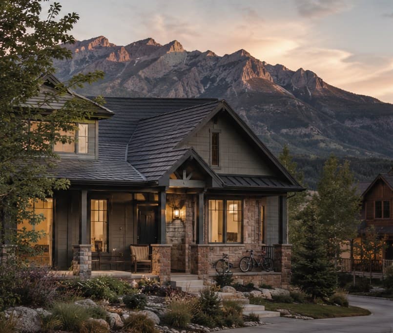 A craftsman-style home at dusk with warm-lit windows, backed by Colorado mountains at sunset.