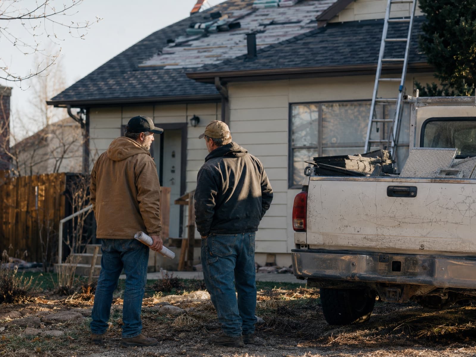 Two contractors reviewing a roof tear-off