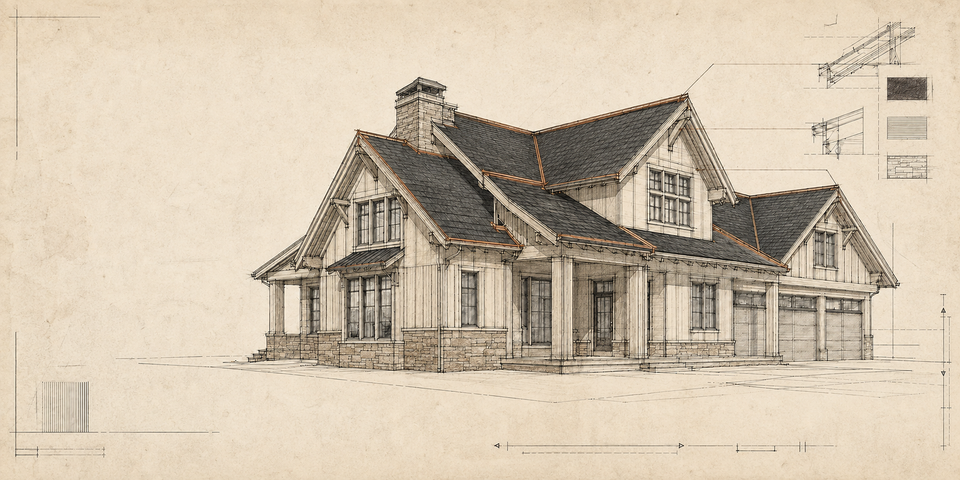 Architectural line drawing of a Colorado home highlighting the roof, windows and exterior doors, with copper-toned annotations on key roof edges